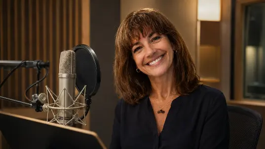 Locutora sorrindo em estúdio de gravação com microfone profissional e pop filter, representando produção de áudio para URA, espera telefônica e centrais Asterisk e Elastix.