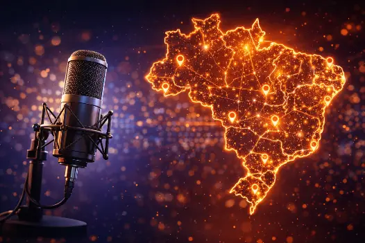 Imagem de microfone profissional ao lado de mapa do Brasil iluminado, representando atendimento nacional para gravação de URA e espera telefônica em empresas.