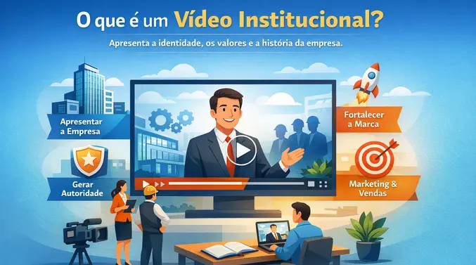 Ilustração de produção audiovisual corporativa com gravação de vídeo institucional usado para marketing empresarial, apresentação da empresa e comunicação com clientes.