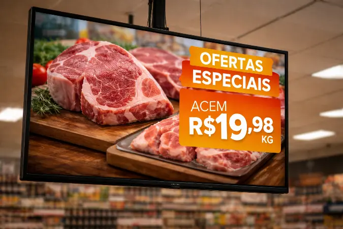 Close de TV interna de supermercado exibindo vídeo promocional de ofertas de carnes, com campanha visual em destaque e ambiente de loja desfocado ao fundo.