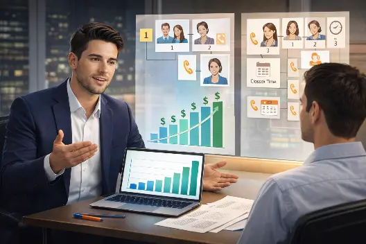Dois profissionais em reunião analisando gráfico de crescimento em notebook, representando que o custo de gravação para URA varia conforme a complexidade, quantidade de mensagens e estrutura do atendimento telefônico.