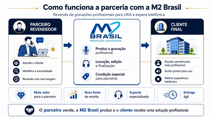 Diagrama explicativo mostrando como funciona a parceria com a M2 Brasil, em que o parceiro revendedor atende o cliente, envia a demanda e a M2 Brasil produz a gravação profissional de URA e espera telefônica para entrega ao cliente final.