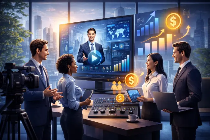 Profissionais reunidos em um estúdio moderno analisando métricas de crescimento em uma grande tela com gráficos e ícones financeiros, destacando o impacto estratégico do investimento em vídeo nas empresas.