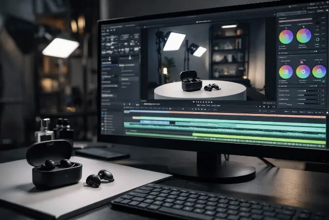 Produção de vídeo de produto com monitor exibindo edição de vídeo enquanto produto é filmado em estúdio profissional para apresentação e marketing empresarial.