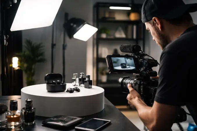 Produção de vídeo de produto em estúdio com câmera profissional filmando produto para marketing e apresentação empresarial