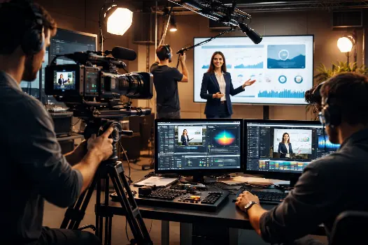 Equipe profissional realizando produção de vídeo marketing em estúdio com câmera cinematográfica, iluminação e edição de vídeo em monitores