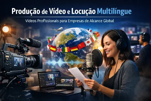 Imagem representando produção de vídeo corporativo com locução profissional em diversos idiomas, incluindo gravação em estúdio, edição de vídeo e alcance global para empresas de todos os portes.