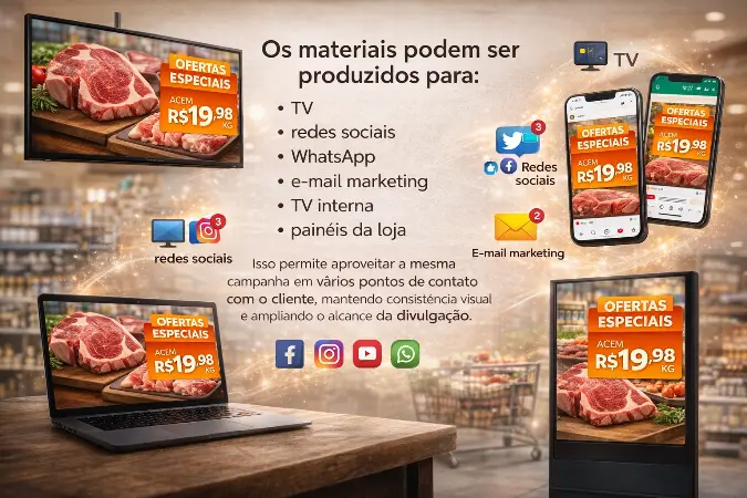 Montagem visual mostrando a mesma campanha promocional de supermercado adaptada para TV, redes sociais, WhatsApp, e-mail marketing, TV interna e painel de loja, representando divulgação multicanal com consistência visual.