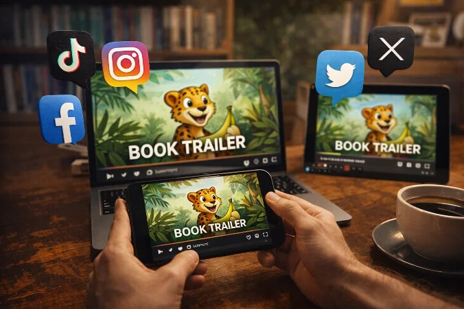Cena realista mostrando um book trailer sendo reproduzido em um notebook enquanto smartphones ao redor exibem redes sociais como Instagram, YouTube, TikTok e Facebook, representando a estratégia de divulgação de trailers de livros nas plataformas digitais para alcançar mais leitores.