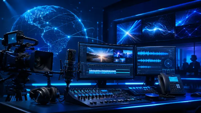 Estúdio audiovisual moderno em tons de azul com câmera, microfone, mesa de áudio e monitores de edição, representando a M2 Brasil e seus serviços de produção de vídeos, locução, edição de áudio e comunicação corporativa com atuação nacional.