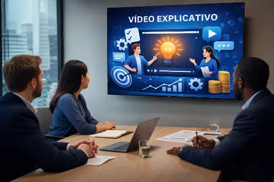 Equipe corporativa assistindo apresentação de vídeo explicativo em tela grande durante reunião empresarial, ilustrando estratégia de comunicação audiovisual para explicar serviços e produtos.