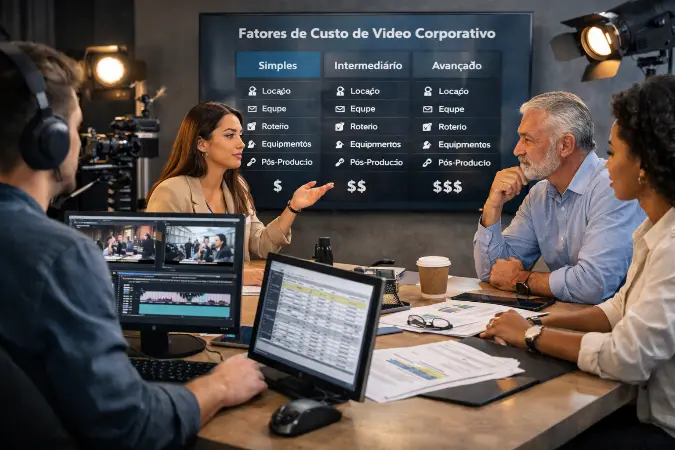 Equipe analisando custos e níveis de produção de vídeo corporativo em reunião estratégica, com telas exibindo edição, planejamento e comparação de complexidade entre projetos audiovisuais empresariais.