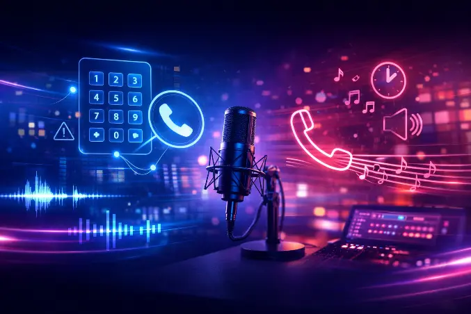 Ilustração de microfone profissional ao centro com elementos visuais de teclado telefônico, ícones de chamada, ondas sonoras e música, representando gravação para URA e espera telefônica em comunicação corporativa.