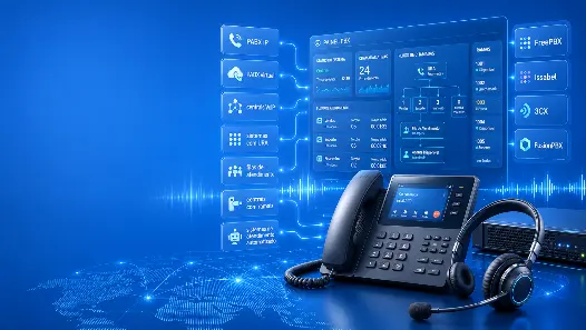 Ilustração tecnológica com telefone IP, headset, painel PBX, ramais, filas de atendimento e sistemas como FreePBX, Issabel, 3CX e FusionPBX, representando gravações profissionais para URA, PABX virtual e centrais VoIP.