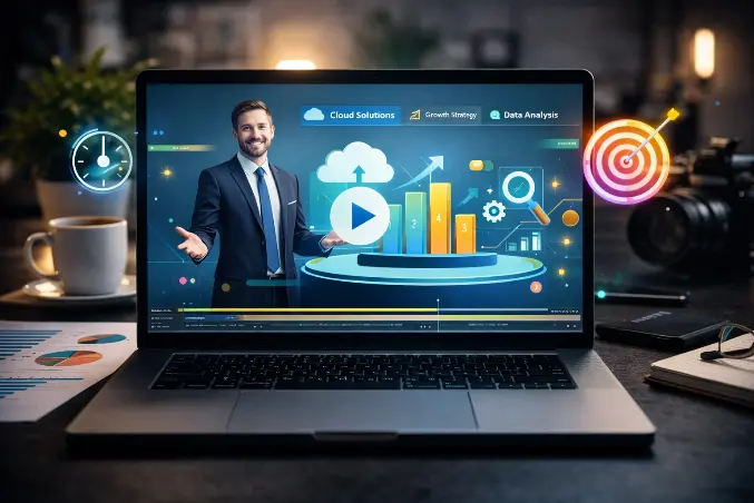 Vídeo explicativo com motion graphics apresentado em laptop mostrando gráficos animados e ícones digitais para explicar um serviço empresarial.