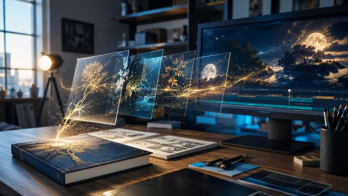 Tecnologia transformando a arte de uma capa de livro em animação digital profissional