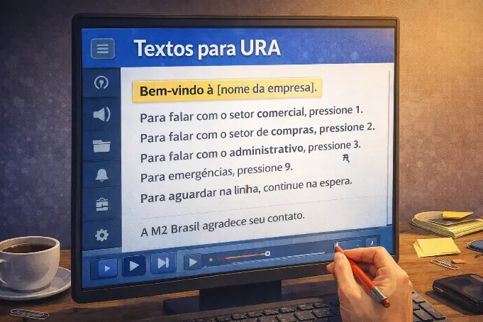 Imagem de monitor exibindo textos para URA em português, com opções de atendimento telefônico, edição de mensagens na tela e ambiente de trabalho de escritório.