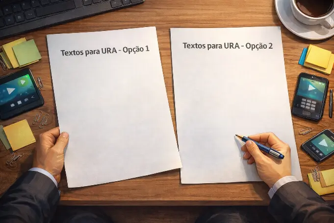 Pessoa analisando textos impressos para URA e espera telefônica sobre uma mesa de trabalho, com anotações, papéis organizados e ambiente corporativo, representando planejamento de mensagens de atendimento telefônico.