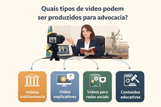 Ilustração de advogada gravando vídeo em escritório jurídico, acompanhada de ícones que representam diferentes formatos de conteúdo para advocacia, como vídeo institucional, explicativo, redes sociais e conteúdo educativo.