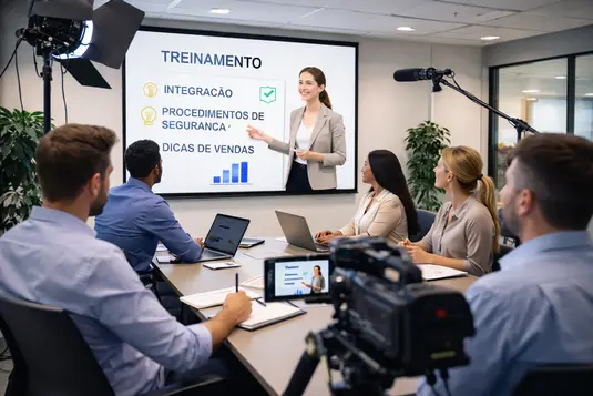 Produção de vídeo de treinamento empresarial com apresentação corporativa em sala de reunião, equipe assistindo conteúdo de capacitação para padronização de processos e desenvolvimento interno.