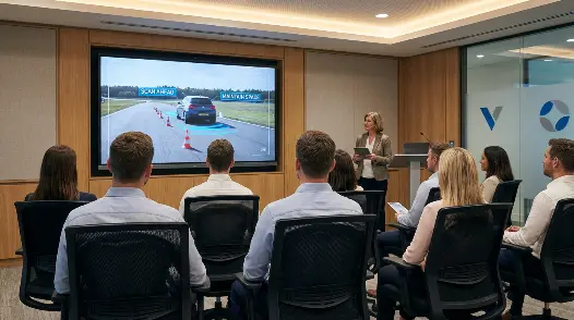 Colaboradores assistindo a vídeo de treinamento corporativo em sala de reunião moderna, com apresentação sobre integração, procedimentos de segurança e dicas de vendas exibida em tela grande.