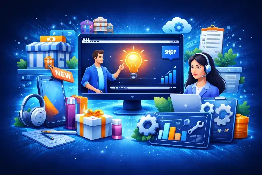 Cena ilustrando vídeo explicativo apresentando produtos, serviços, sistemas e processos em tela digital com gráficos, ícones de tecnologia e atendimento, representando comunicação empresarial.