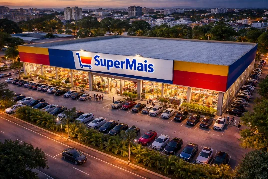 Vista aérea de drone mostrando a parte externa de um grande supermercado de rede, com fachada ampla, estacionamento cheio e operação varejista em destaque.