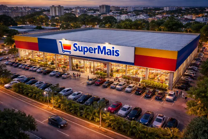 Vista aérea de drone mostrando a parte externa de um grande supermercado de rede, com fachada ampla, estacionamento cheio e operação varejista em destaque.