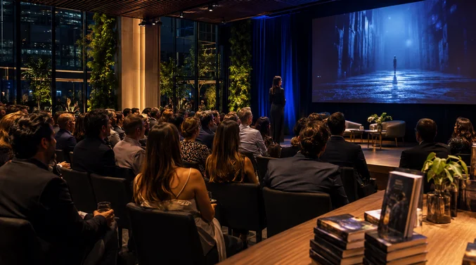 Ilustração de produção audiovisual corporativa com gravação de vídeo institucional usado para marketing empresarial, apresentação da empresa e comunicação com clientes.