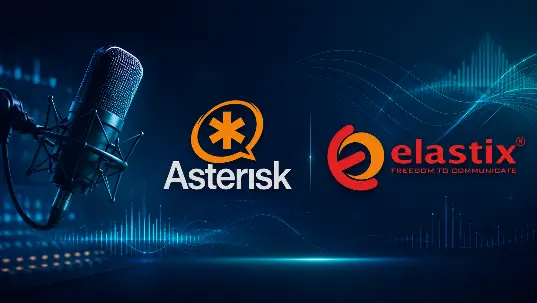 Ilustração com microfone profissional, ondas de áudio e logos do Asterisk e Elastix, representando gravação profissional para URA, espera telefônica e centrais telefônicas compatíveis.