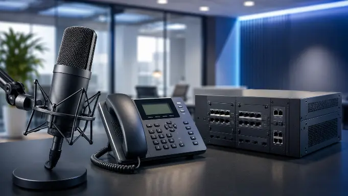 Imagem composta por microfone profissional, telefone corporativo e central PABX sobre mesa em ambiente empresarial, representando a produção de gravações profissionais para URA, espera telefônica e sistemas de atendimento telefônico.