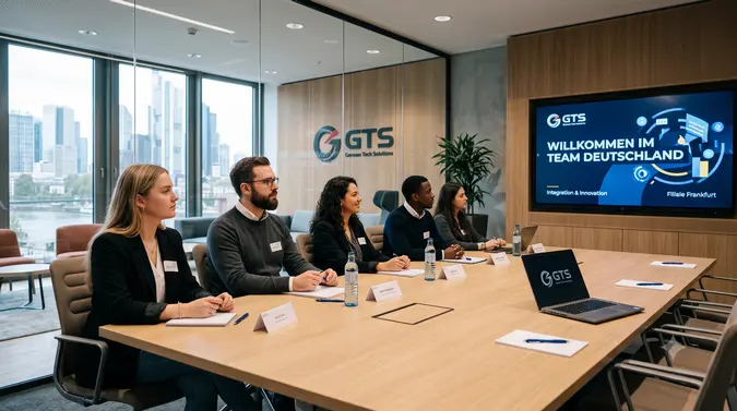 Fotografia de um grupo diversificado de novos colaboradores sentados em uma moderna sala de reuniões corporativa na filial da Alemanha, assistindo atentamente a um vídeo de integração empresarial em uma tela grande.