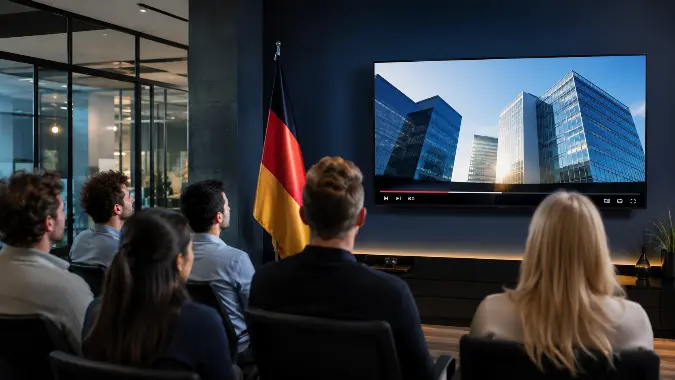 Estação profissional de edição de vídeo corporativo com monitor exibindo timeline e waveform de locução, microfone de estúdio e fones de ouvido, representando produção audiovisual com locução em alemão.