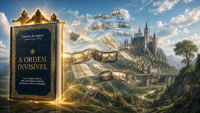 Capa animada de A Ordem Invisível transformando-se em cenas cinematográficas de um book trailer à luz do dia