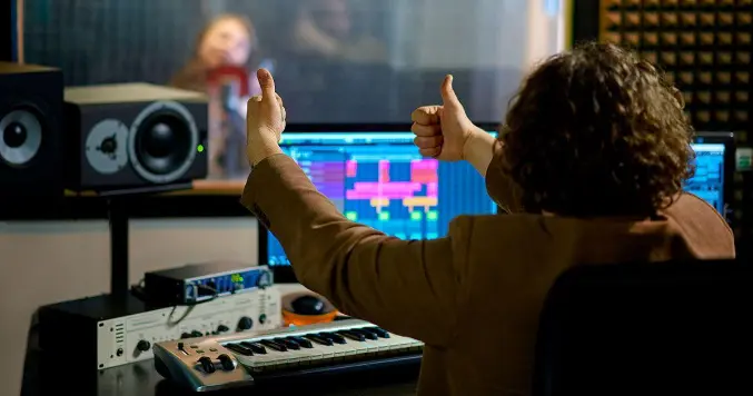 Tela de computador com interface de seleção de músicas em português e visualização de ondas sonoras, representando a escolha de trilhas para URA e espera telefônica empresarial.