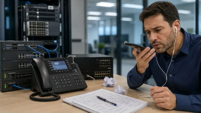 Imagem de profissional ouvindo gravação improvisada em ambiente de telefonia corporativa, com telefone, PABX e anotações manuais, representando como áudios caseiros e mensagens mal escritas podem prejudicar a primeira impressão do cliente.