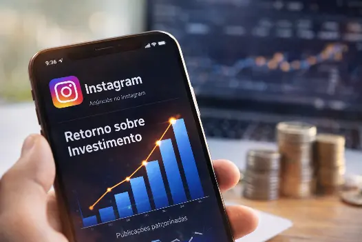 Gráfico de retorno sobre investimento em campanhas no Instagram exibido em smartphone, representando estratégia de marketing digital e crescimento nas redes sociais.