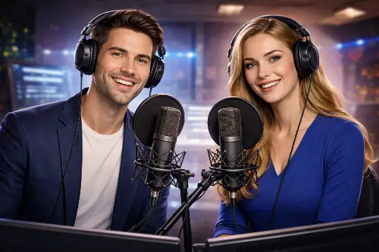 Homem e mulher em estúdio profissional de gravação com microfones e fones de ouvido, representando locução masculina e feminina para URA, espera telefônica e mensagens de atendimento empresarial.