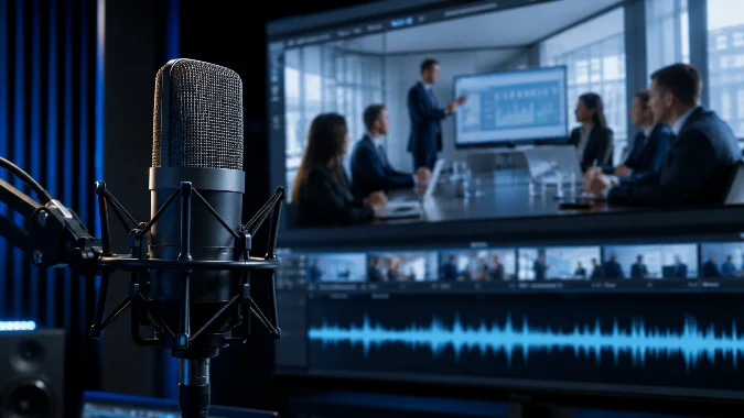 Microfone profissional em estúdio de produção com tela exibindo vídeo institucional corporativo, representando locução em inglês para vídeos empresariais.