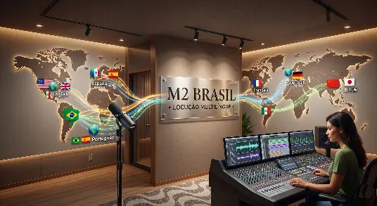 Uma fotografia de estúdio de gravação de áudio profissional. No centro, uma placa de acrílico com o texto "M2 BRASIL • LOCUÇÃO MULTILÍNGUE •". Ao fundo, um grande mapa-múndi retroiluminado cobrindo as paredes. Globos coloridos com bandeiras representando línguas (English, Español, Português, Français, Deutsch, 日本語) são conectados por linhas de fluxo luminosas que emanam de um microfone em um pedestal à esquerda. À direita, uma produtora de áudio mulher está sentada em um grande console de mixagem profissional com várias telas. O chão tem o padrão de calçada portuguesa.