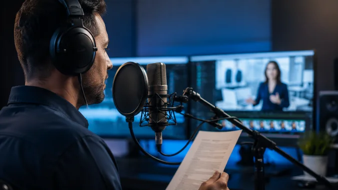 Locutor gravando narração em espanhol em estúdio profissional, com microfone, roteiro e tela de edição de vídeo corporativo ao fundo.