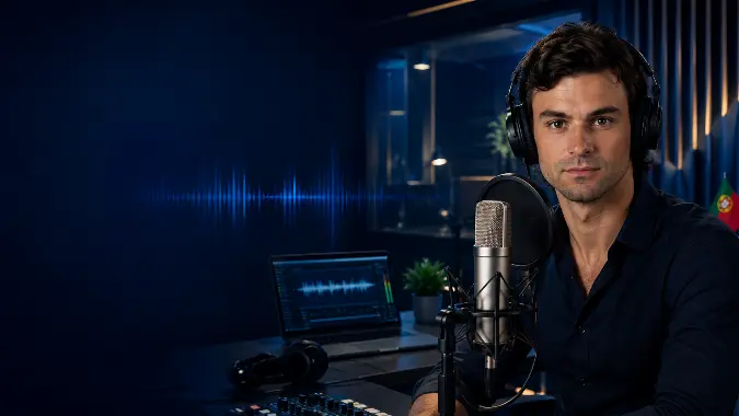 Locutor em português de Portugal gravando em estúdio profissional, com microfone, fones de ouvido, notebook com waveform e ambiente corporativo em azul escuro.