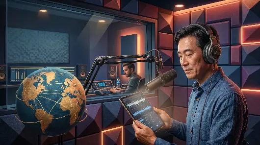 Alt text: Fotografia hiper-realista de um locutor chinês em um estúdio de gravação moderno. Ele veste uma camisa azul, usa fones de ouvido profissionais e olha atentamente para um tablet que exibe um gráfico de ondas sonoras, com um microfone de estúdio posicionado à sua frente. À esquerda, há um globo terrestre estilizado com linhas luminosas douradas conectando vários continentes. Ao fundo, através de uma janela de vidro de isolamento acústico, um produtor opera uma mesa de som profissional. O ambiente possui painéis acústicos nas paredes com iluminação aconchegante em tons de roxo e laranja. Não há textos visíveis na imagem.