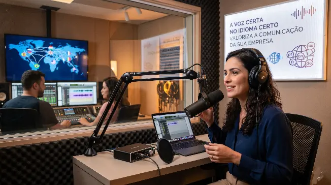 Fotografia de uma mulher sorridente em um estúdio de gravação. Ela usa fones de ouvido e fala em um microfone profissional. Ao fundo, através do vidro do estúdio, duas pessoas operam uma mesa de som em frente a monitores que exibem um mapa-múndi com conexões globais. Na parede ao lado da locutora, um painel luminoso exibe a frase "A voz certa no idioma certo valoriza a comunicação da sua empresa", acompanhada de ícones de globo e balões de fala representando diferentes idiomas (pt, en, es, fr, de).