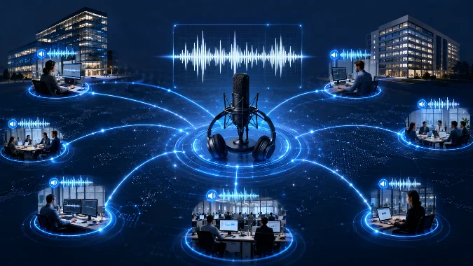 Microfone profissional conectado a várias empresas por ondas sonoras digitais, representando a entrega remota de gravações de áudio corporativo, locução e mensagens profissionais para diferentes clientes.