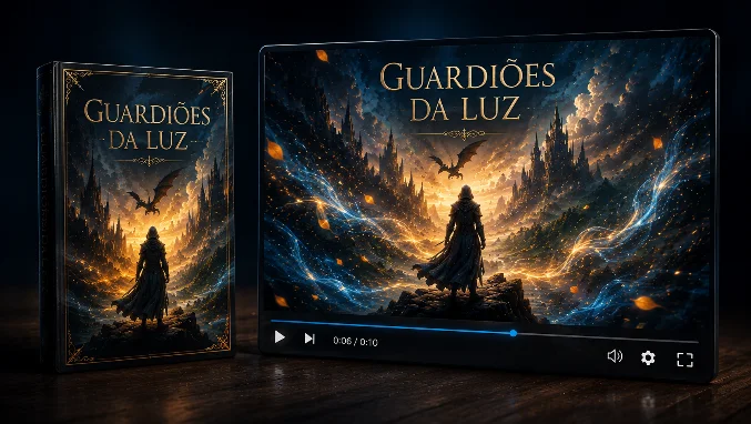 Capa de livro animada mostrando a arte original transformada em vídeo com movimento, profundidade e efeitos visuais.
