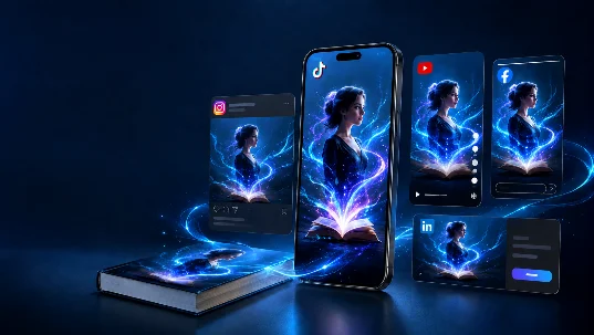 Capa de livro animada exibida no Instagram, TikTok, YouTube, Facebook e LinkedIn