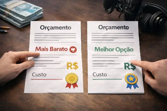 Comparação entre dois orçamentos de gravação para URA sobre uma mesa, um identificado como “Mais Barato” e outro como “Melhor Opção”, com valores em reais, destacando diferença de custo e qualidade na escolha do serviço.