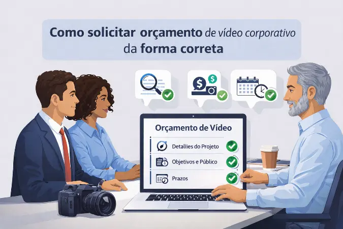Ilustração de reunião entre cliente e produtora para solicitar orçamento de vídeo corporativo, com destaque para briefing, objetivos, prazos e informações necessárias para uma proposta mais precisa.