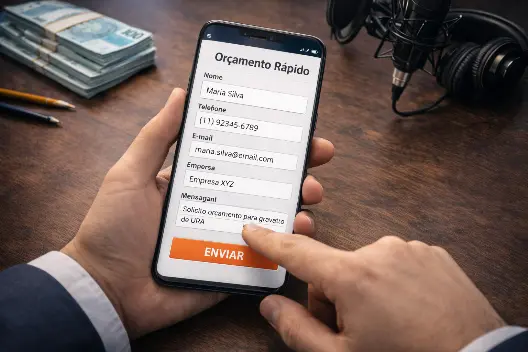 Pessoa preenchendo formulário de orçamento rápido no celular para solicitar gravação profissional de URA, com microfone, fones de ouvido e notas de reais sobre a mesa.